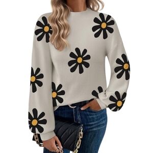 ZEAGOO WOMEN'S FLOWER SWEATER OATMEAL LONG SLEEVE BLACK YELLOW SIZE MEDIUM NWT